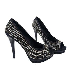 Le Chateau Women's Black Peep-Toe High Heels with rhinestones, Size 5.5,
